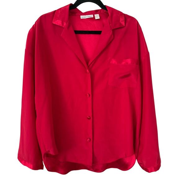 Vintage Victoria's Secret Red Satin-Like LongSleeve ButtonDown Pajama Top-Medium - Picture 1 of 3